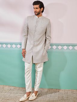 Vastramay - Grey Men's Rayon Embroidered Sherwani With Pant (Set of 2)