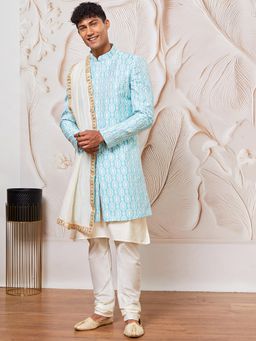 Vastramay - Men's Silk Blend Textured Sherwani Solid Kurta with Churidar and Dupatta (Set of 4)