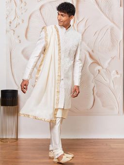 Vastramay - Men's Silk Blend Textured Sherwani Solid Kurta with Churidar and Dupatta (Set of 4)