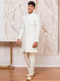 Vastramay - Men's Silk Blend Woven Design Sherwani and Pant (Set of 2)