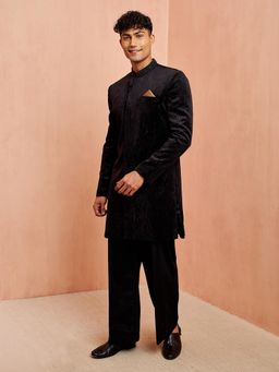 Vastramay - Men Black Velvet Embellished Sherwani with Pant