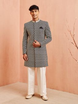 Vastramay - Men Black Embroidered Sherwani with Cream Wide Leg Pant