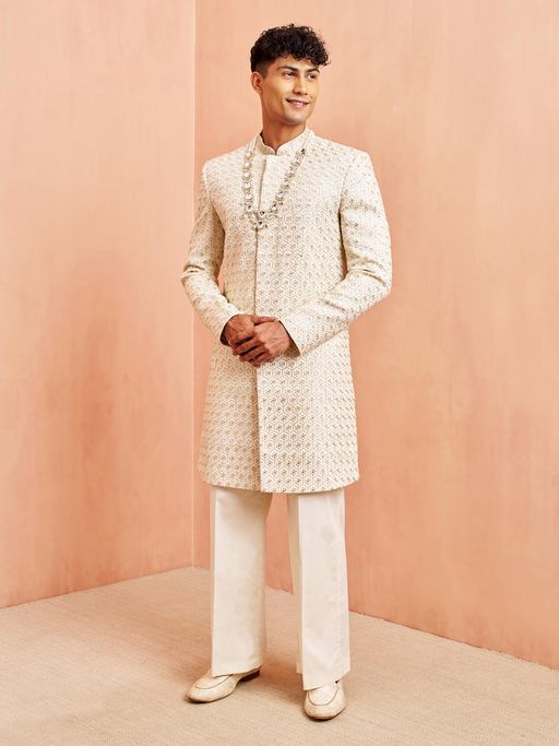 Vastramay Men Off White Embroidered Sherwani with Cream Wide Leg Pant