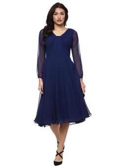 Mabish By Sonal Jain - Navy Blue Front Gathered Midi Skater Dress