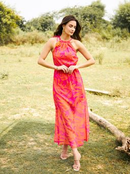 Mabish By Sonal Jain - Pink Neck Tie Up Maxi Dress