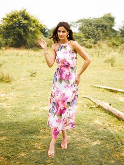 Mabish By Sonal Jain - White Neck Tie Up Maxi Dress