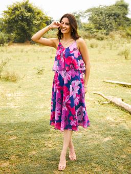 Mabish By Sonal Jain - Multi-Color Flare Yoke Spaghetti Midi Dress