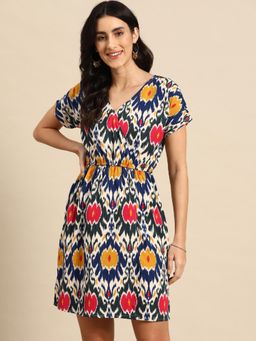 Mabish By Sonal Jain - Blue Overlap Printed Kimono Sleeve Short Dress