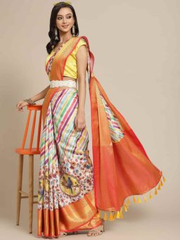 Silk Land - Pure Silk Stripes & Woven Saree with Unstitched Blouse Piece Multi-Color with Unstitched