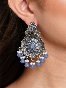 Karatcart - Oxidised Silver Blue Monalisa Stone Studded Floral Dangler Earrings for Women