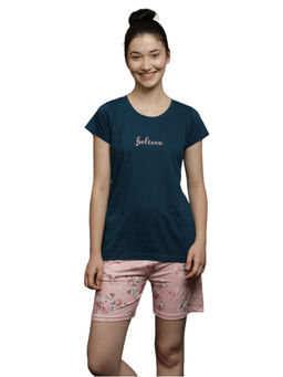 VIEVIANA - Women Cotton Printed T-shirt & Shorts Teal (Set of 2)