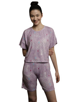 VIEVIANA - Purple Printed Cotton T-shirt & Shorts for Women (Set of 2)