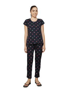 VIEVIANA - Women Cotton Heart Printed Night Suit Navy Blue (Set of 2)