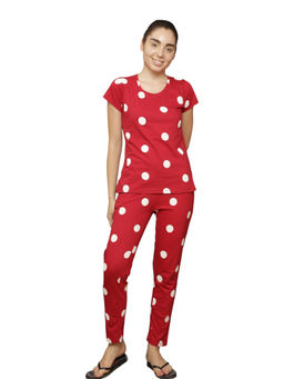 VIEVIANA - Women Cotton Polka Dot Printed Night Suit Red (Set of 2)