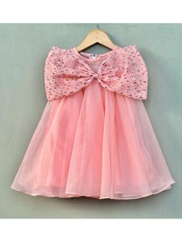 LABEL NEETI - Peach Organza Knee Dress with Big Sequin Bow