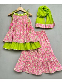 LABEL NEETI - Pink & Green Cotton Kurta Sharara with Dupatta (Set of 3)