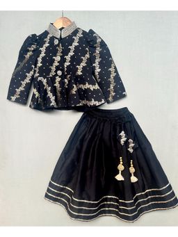 LABEL NEETI - Royal Black Brocade Peplum Blouse with Lehenga (Set of 2)
