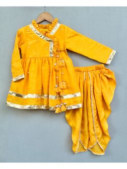 LABEL NEETI - Yellow Angrakha Style Kurti with Matching Dhoti (Set of 2)