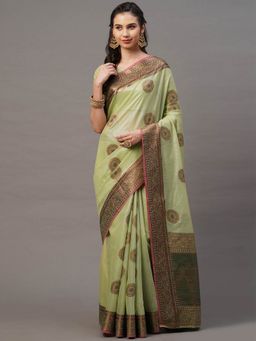 Odette - Green Festive Silk Blend Woven Design Saree with Unstitched Blouse