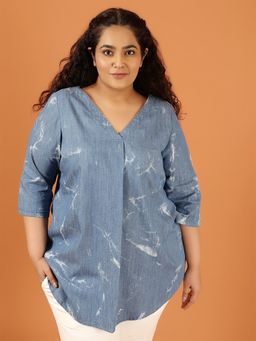 Amydus - Plus Size Blue Denim Cotton Top