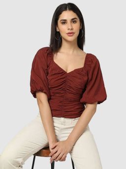 GAP - Women Brown Slim Fit Sweetheart Puff Sleeve Crop Top