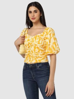 GAP - Women Yellow Slim Fit Printed Puff Sleeve Crop Top