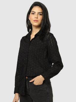 GAP - Women Black Laser-Cut Spread Collar Full Sleeve Shirt