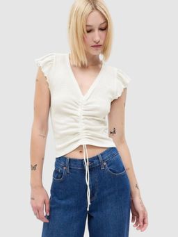 GAP - Women Off White Solid V-Neck Crop Flutter Sleeve Top