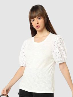 GAP - Women White Round Neck Puff Sleeve Top