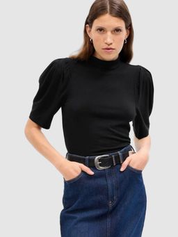 GAP - Women Black Slim Fit High Neck Puff Sleeve Top
