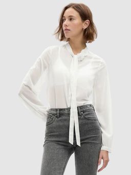 GAP - Women White Pussy-Bow Button-Up Shirt