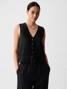 GAP - Women Black Linen V-Neck Top
