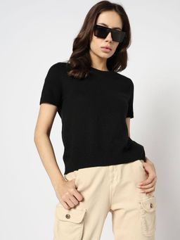 GAP - Women Black Cotton Blend Round Neck Top