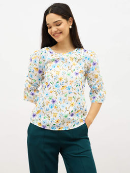 SALT Attire - Women White Polyester Boat Neck Floral Top