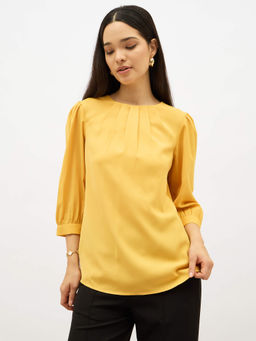 SALT Attire - Women Yellow Crepe Round Neck Solid Top