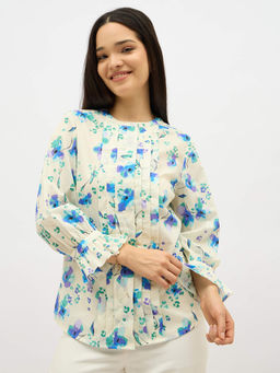 SALT Attire - Women Cream Pure Cotton Round Neck Floral Top