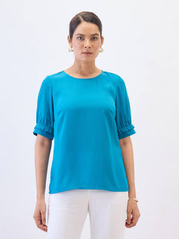 SALT Attire - Women Teal Crepe Round Neck Solid Top