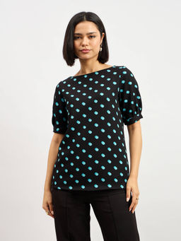 SALT Attire - Women Black Polyester Boat Neck Polka Dots Top