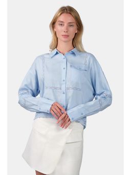 Virgio - Blue Viscose Collar Neck Full Sleeves Crop Shirt