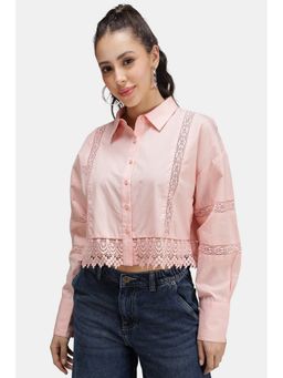 Virgio - Peach Cotton Lace Collar Neck Full Sleeves Crop Shirt