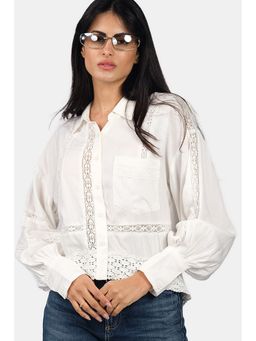 Virgio - White Viscose Lace Accent Collar Neck Full Sleeves Crop Shirt