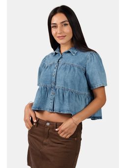 Virgio - Solid Cotton Tiered Cropped Denim Collar Neck Half Sleeves Blue Crop Shirt