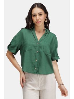 Virgio - Solid Linen Boxy Half Sleeves Crop Shirt