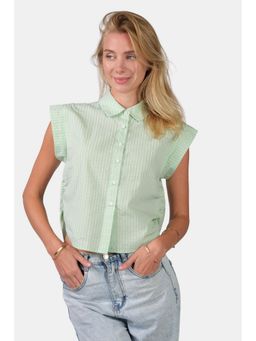 Virgio - Stripes Cotton Ruched Collar Neck Half Sleeves Green Crop Shirt