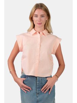 Virgio - Stripes Cotton Ruched Collar Neck Half Sleeves Orange Crop Shirt