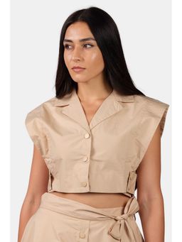 Virgio - Khaki Solid Cotton Popper Detail Cropped Sleeveless Top