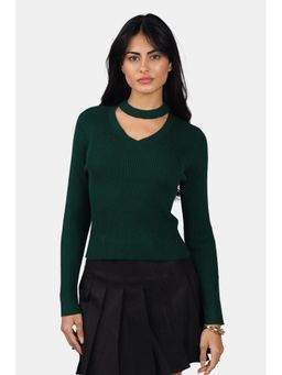 Virgio - Self Design Viscose Cut Out Full Sleeve Green Knit Top