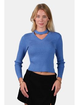 Virgio - Self Design Viscose Cut Out Full Sleeve Blue Knit Top