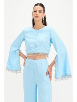 Virgio - Women Blue Viscose Round Neck Full Sleeves Crop Top