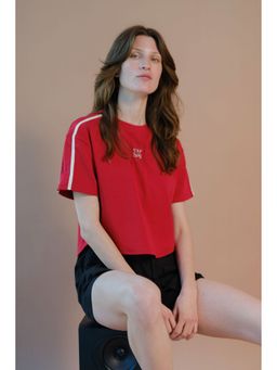 Virgio - Typography Cotton Stretch Maroon Round Neck Half Sleeves Crop T-Shirt Top